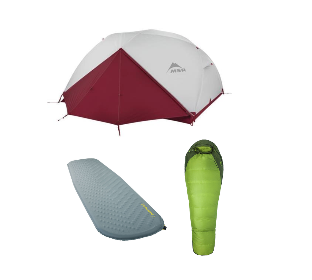 Two person tent, sleeping bag, and sleeping pad.