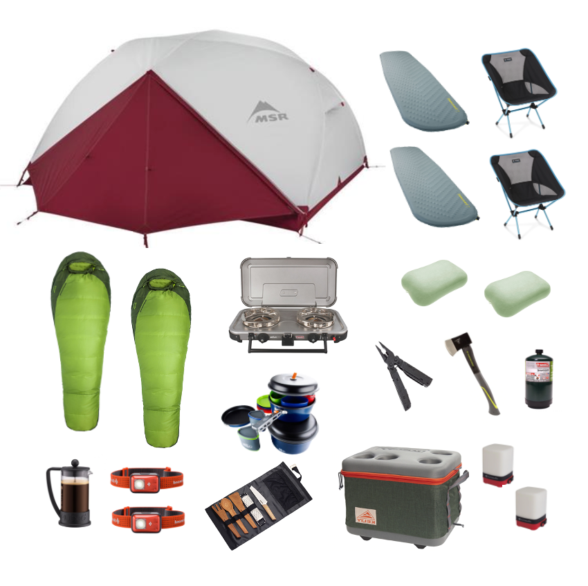 Two person tent, sleeping pads, camping chairs, sleeping bags, camping stove, cook set, pillows, multitool, hatchet, fuel canister, coffee press, headlamps, cooking prep set, cooler, lanterns.